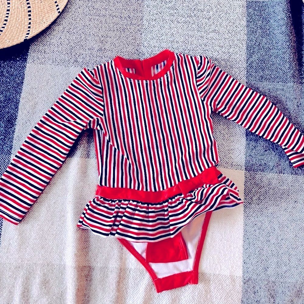4T Toddler Swimsuit Rashguard Red White Blue Stripe Great Condition No Pilling